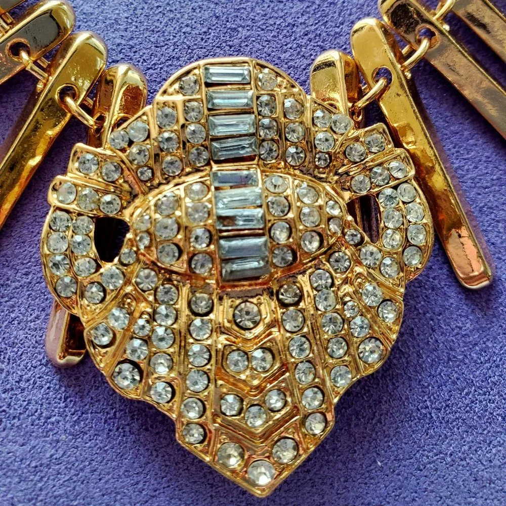 NEW Statement Polished Gold Fringe Rhinestone Center Dressy Runway Necklace